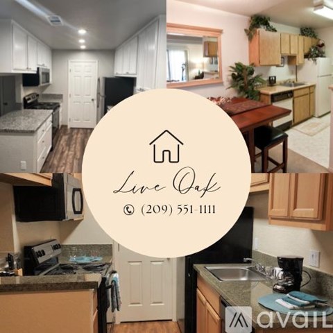 A collage of images showcasing different kitchen designs with the text "Live Oak" and a phone number.