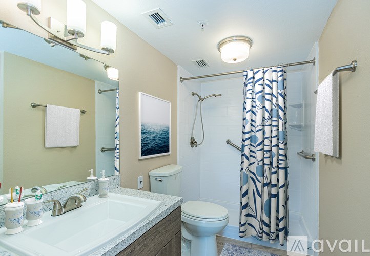 A bathroom with a white toilet, sink, and shower curtain.