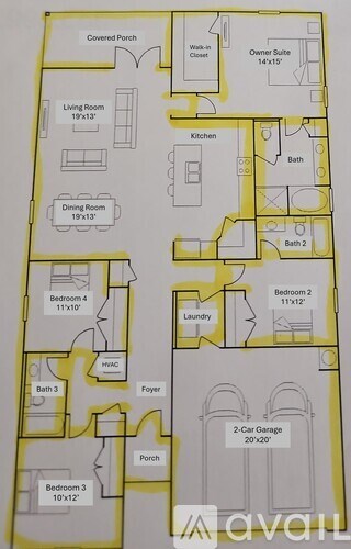 A floor plan of a house with a covered porch, two bathrooms, a kitchen, a dining room, and multiple bedrooms.