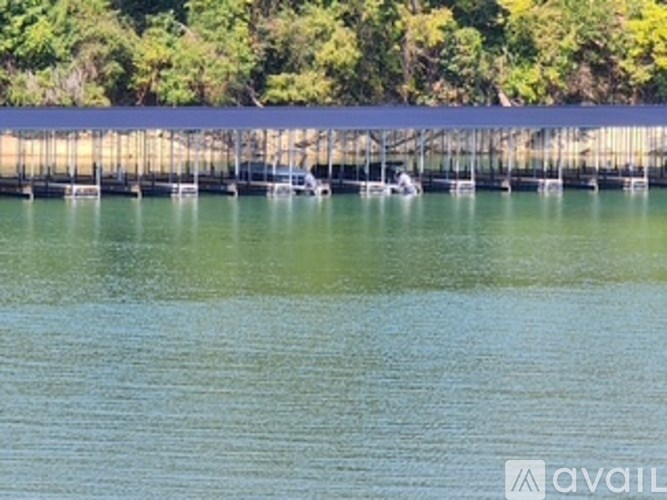 A body of water with a dock and trees in the background.