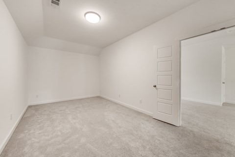 A white door is in a room with carpeting.