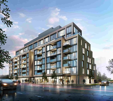 A modern multi-story building with large windows and balconies is depicted.