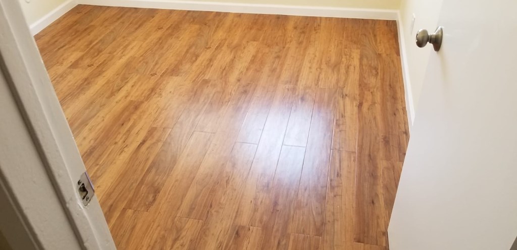 A room with a wooden floor and a white door.