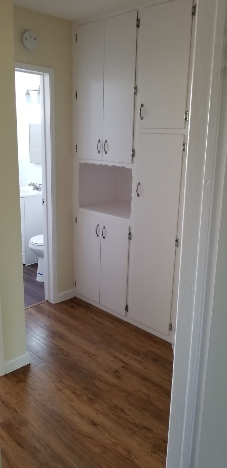 A room with a white door and a white cabinet with a shelf.