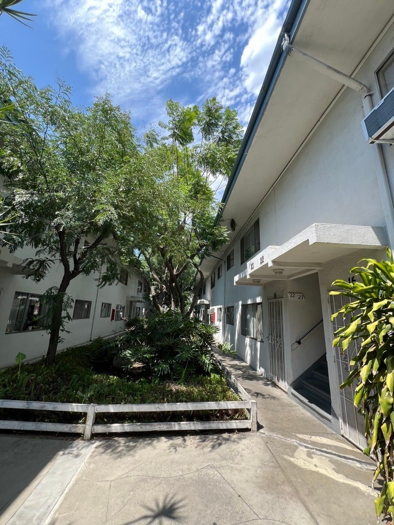 A white building with a tree in front of it.