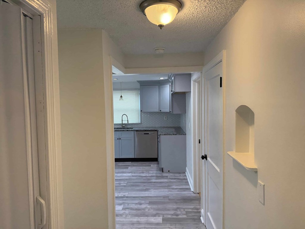 A long hallway with a kitchen in the distance.