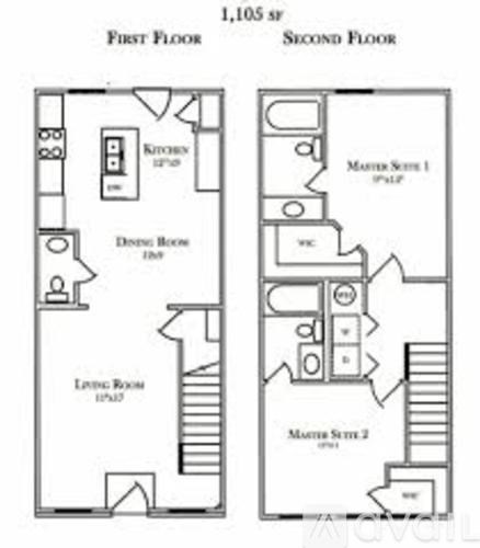 A floor plan shows the layout of the first and second floors of a 1,105 square foot building.