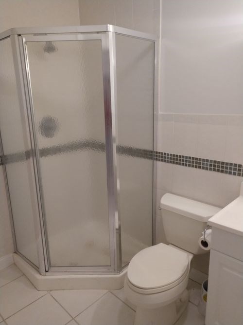 A white toilet sits next to a walk-in shower.