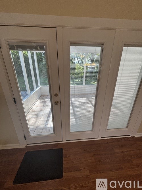 A white door with a glass window and a black mat on the floor.