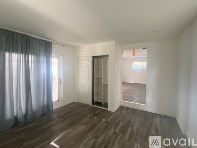 A room with wooden floors and a white door.