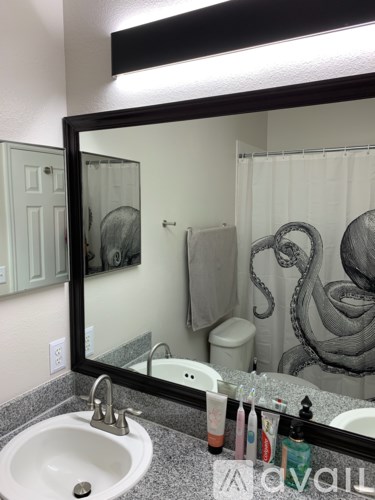 A bathroom with a sink, mirror, and toiletries.