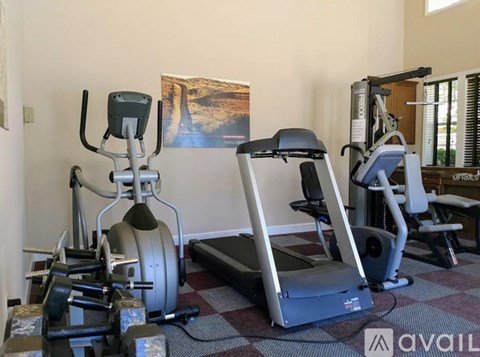 A gym with a treadmill, a stationary bike, and a weight machine.