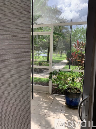 A view of a garden through a sliding glass door.