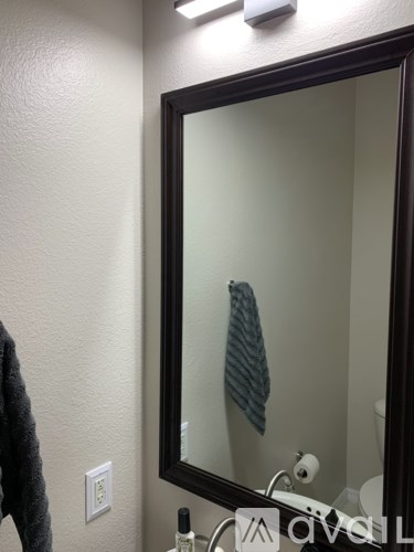 A bathroom with a mirror, towel, and toilet paper.