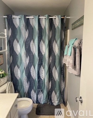 A bathroom with a toilet, a shower curtain, and a towel hanging on the door.