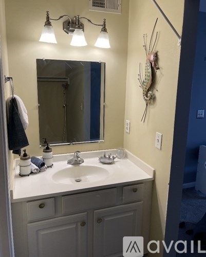 A bathroom with a sink, mirror, and light fixture.