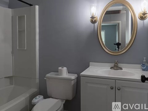 A bathroom with a toilet, sink, and mirror.