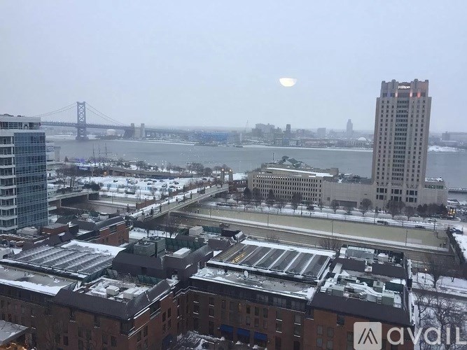 A cityscape with a bridge in the background and a building with the logo "avail" in the foreground.