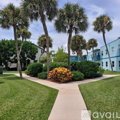 A row of palm trees line a walkway in front of a row of houses.