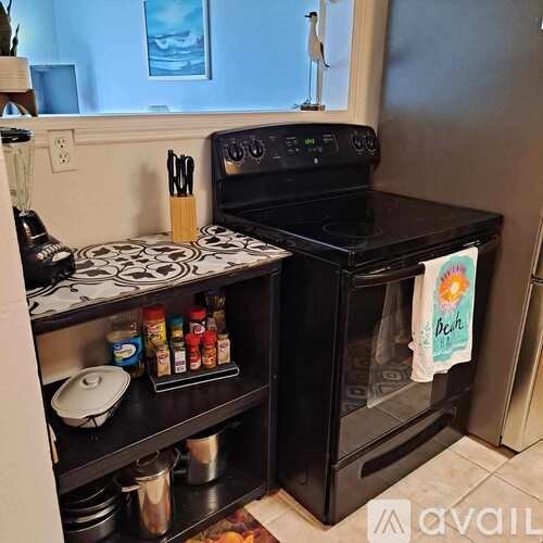 A black stove top oven with a pot on the stove and a towel hanging on the oven door.