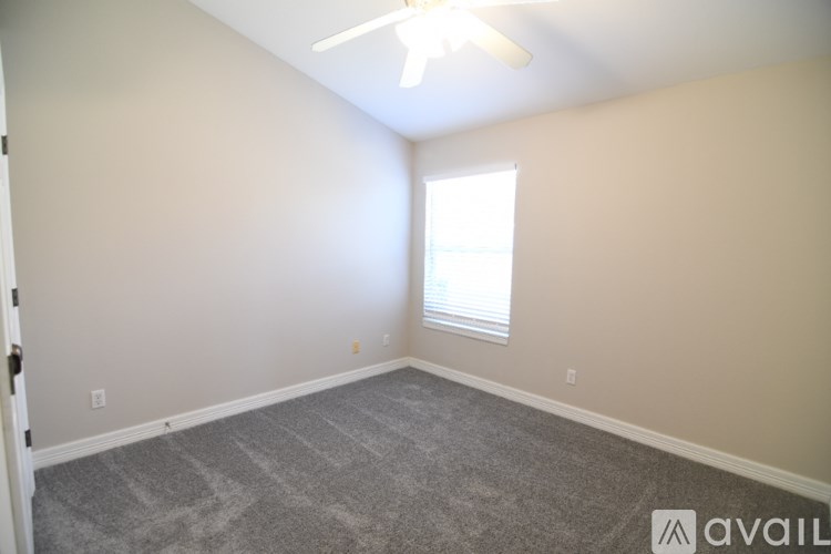 A room with a carpeted floor and a ceiling fan.