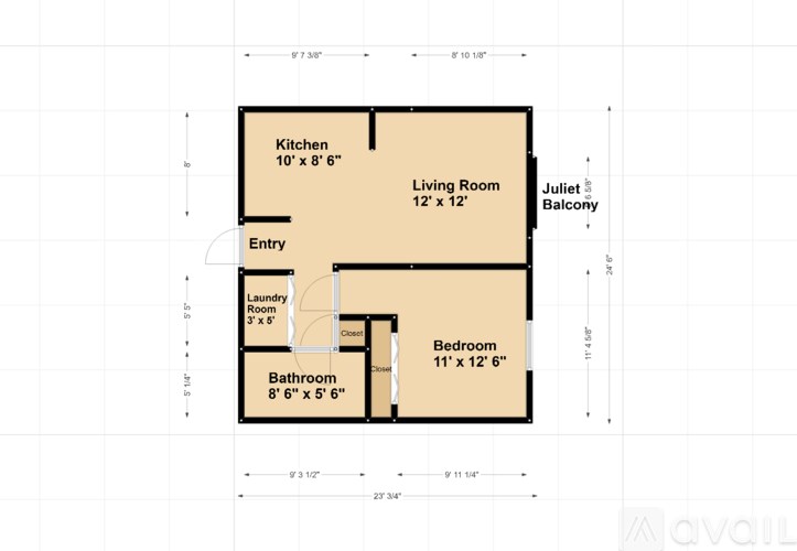 A floor plan of a small apartment with a kitchen, living room, bathroom, bedroom, and laundry space.