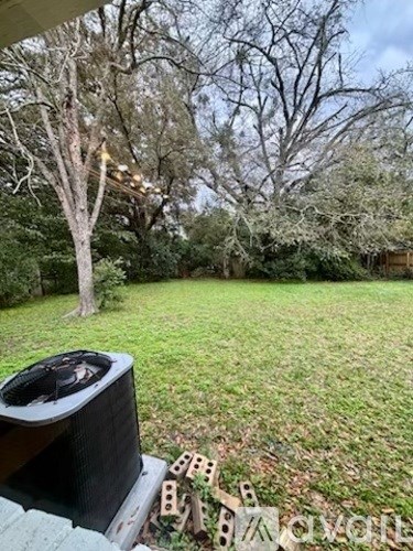 A backyard with a lawn and a tree.