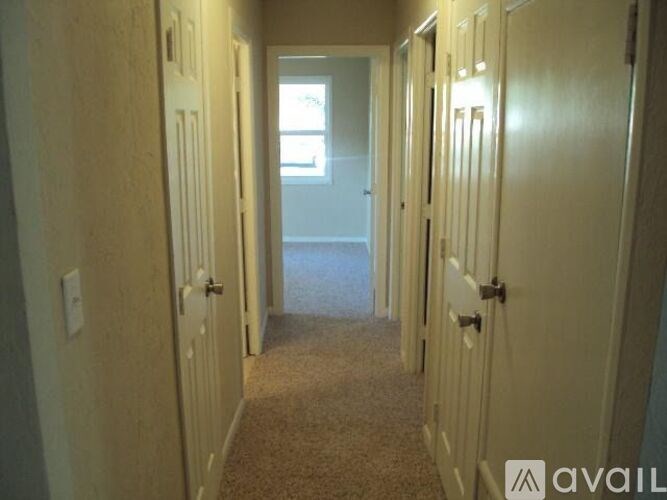 A hallway with carpeted floor and closed doors on either side.