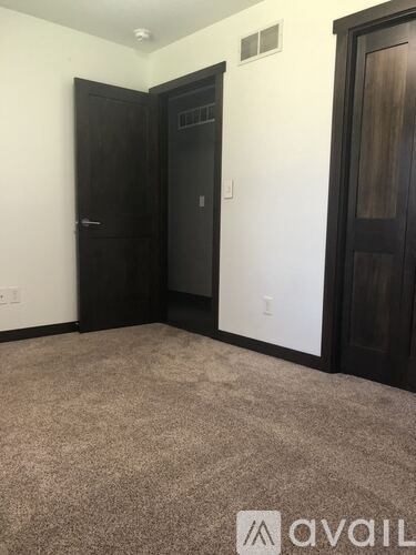 A room with a carpeted floor and two dark wood doors.