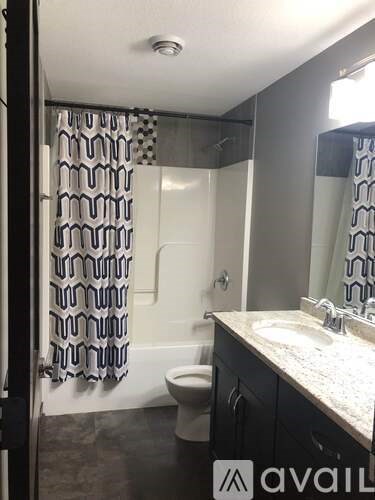 A bathroom with a toilet, sink, and shower curtain.