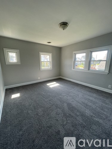 A room with grey carpet and two windows.