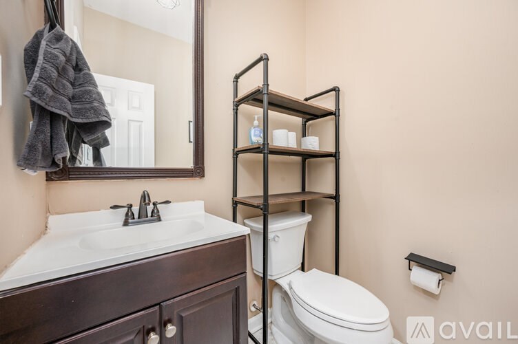 A bathroom with a toilet, sink, and shelves.