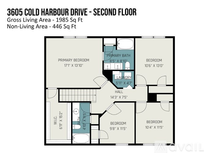 A floor plan for a two-story home with a living area, bedrooms, and a laundry room.
