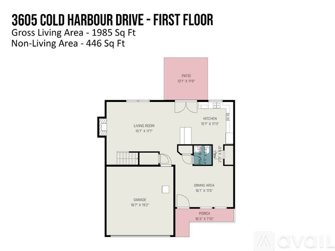 A floor plan for a property at 3605 Cold Harbour Drive, showing the layout of the first floor.