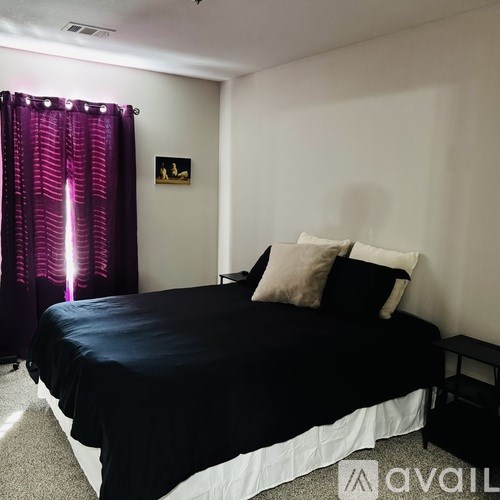 A bedroom with a black bed and purple curtains.
