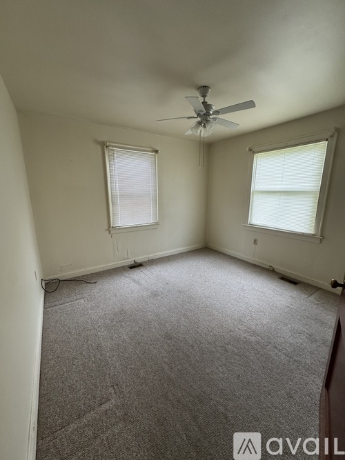 A room with a carpeted floor, a ceiling fan, and two windows.