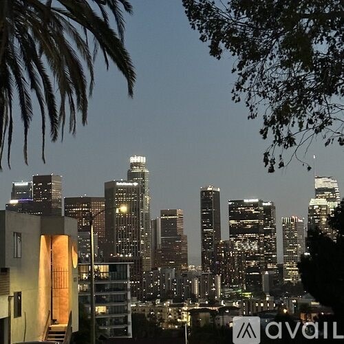 A cityscape at dusk with buildings illuminated and palm trees in the foreground.