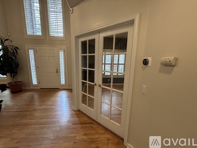 A white door with glass panels is open in a room with wooden floors and a plant.