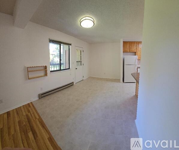 A spacious room with a window, a wooden floor, and a white wall.