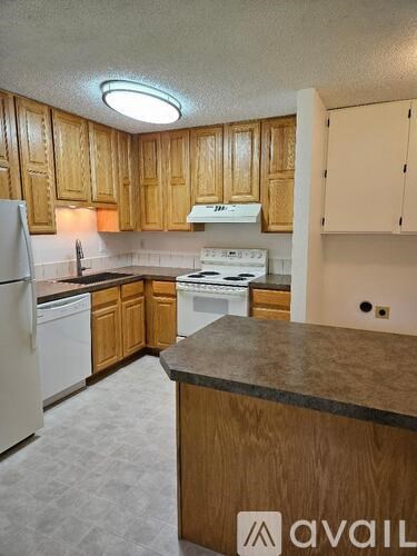 A kitchen with wooden cabinets and a white fridge.