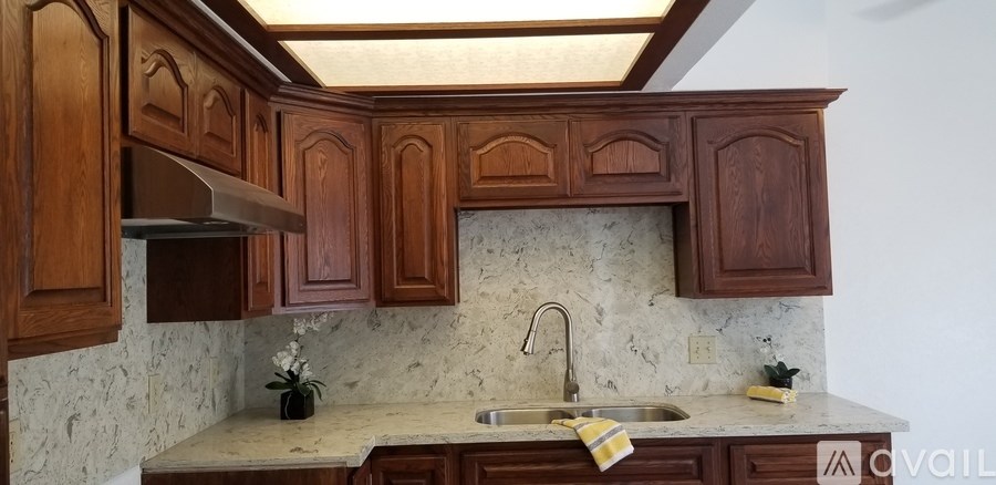 A kitchen with wooden cabinets and a marble backsplash.