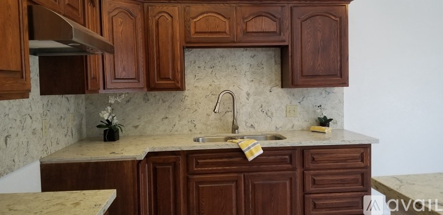 A kitchen with brown cabinets and a marble backsplash.