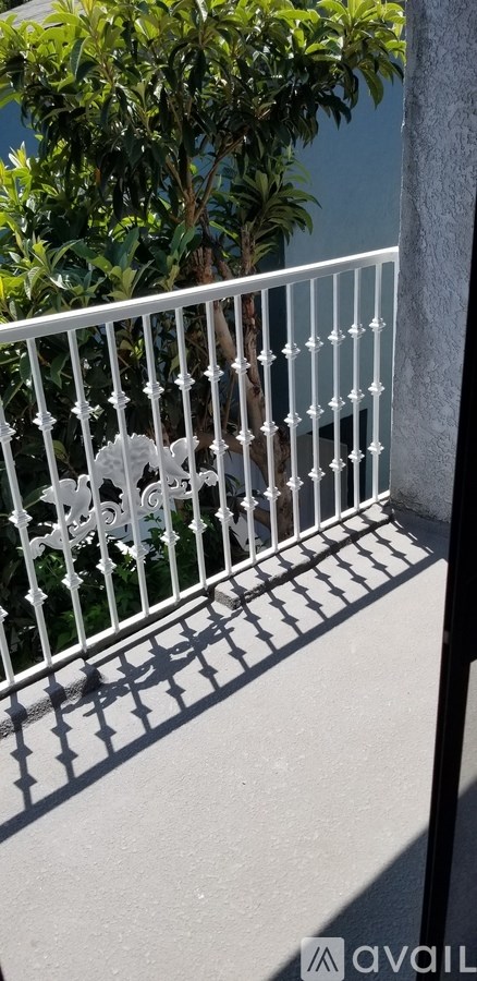 A white balcony railing with a tree in the background.