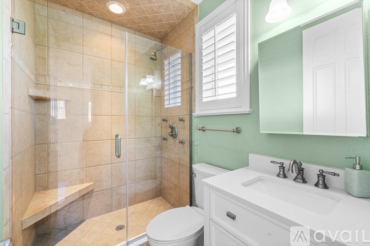 A bathroom with a toilet, sink, and walk-in shower.