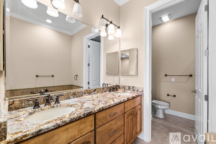 A bathroom with a marble countertop and a large mirror.
