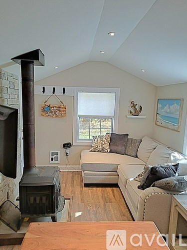 A living room with a wood stove and a couch.