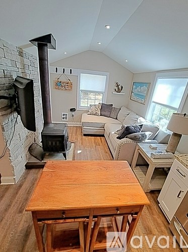 A living room with a wood stove and a television.