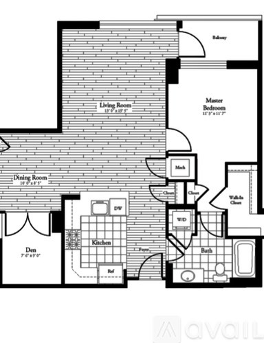 A floor plan of a two-bedroom apartment with a living room, dining room, kitchen, and bathroom.
