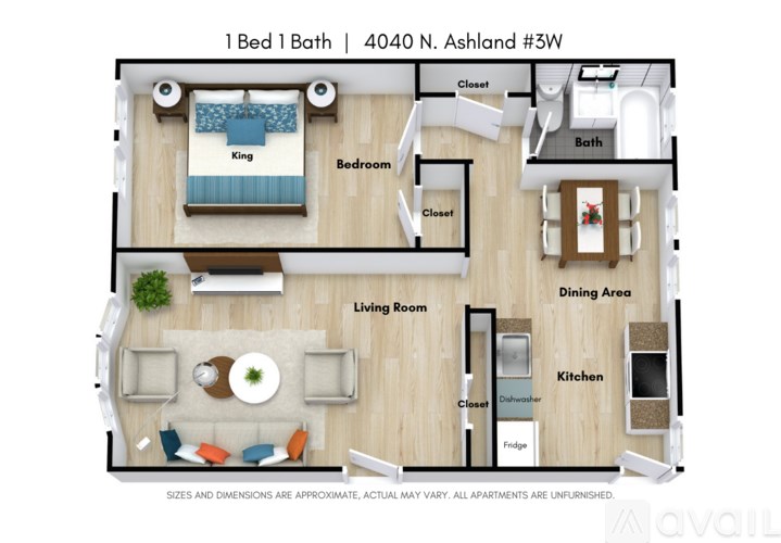 A floor plan of a one bedroom apartment with a bath, living room, dining area, and kitchen.