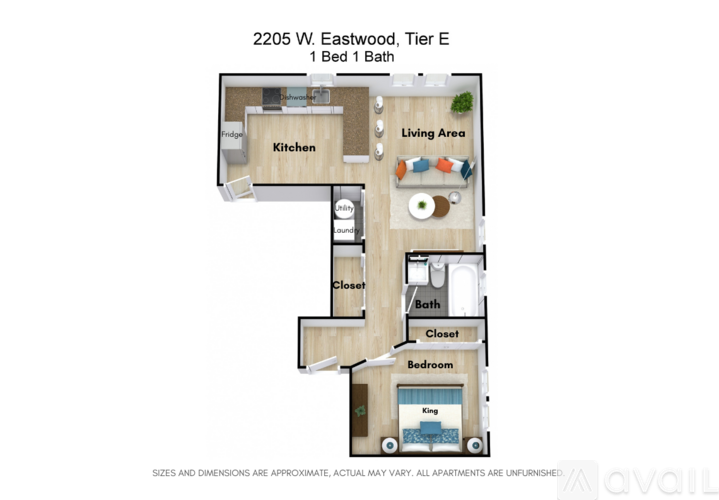 A floor plan of a 1 bedroom apartment at 2205 W. Eastwood, Tier E.